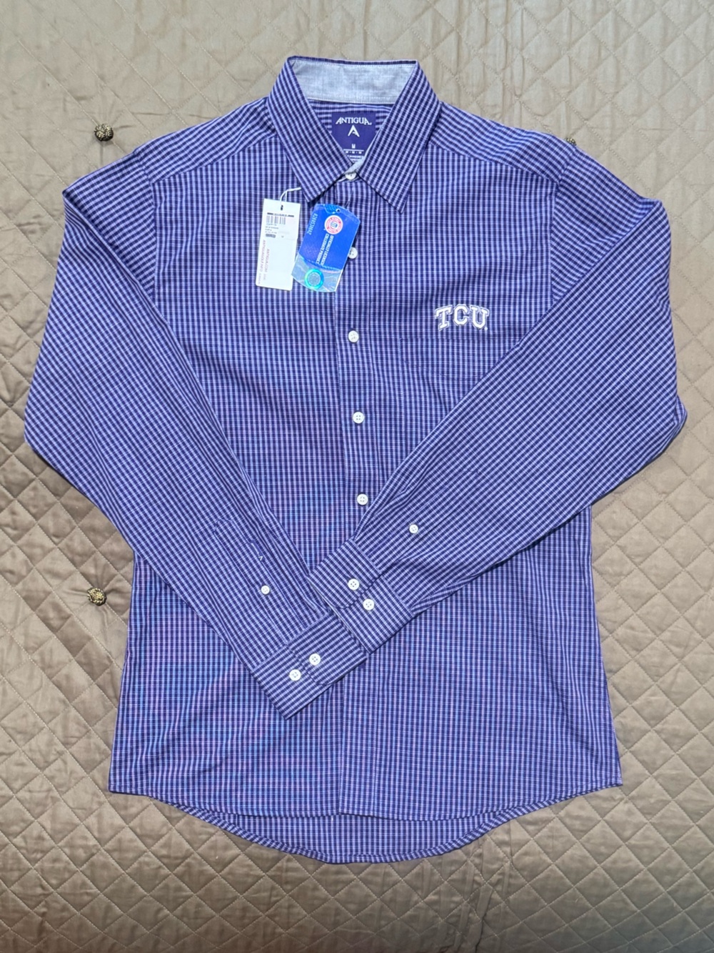 Antigua Men's TCU Purple and White Micro-Check Button-Down LS Shirt